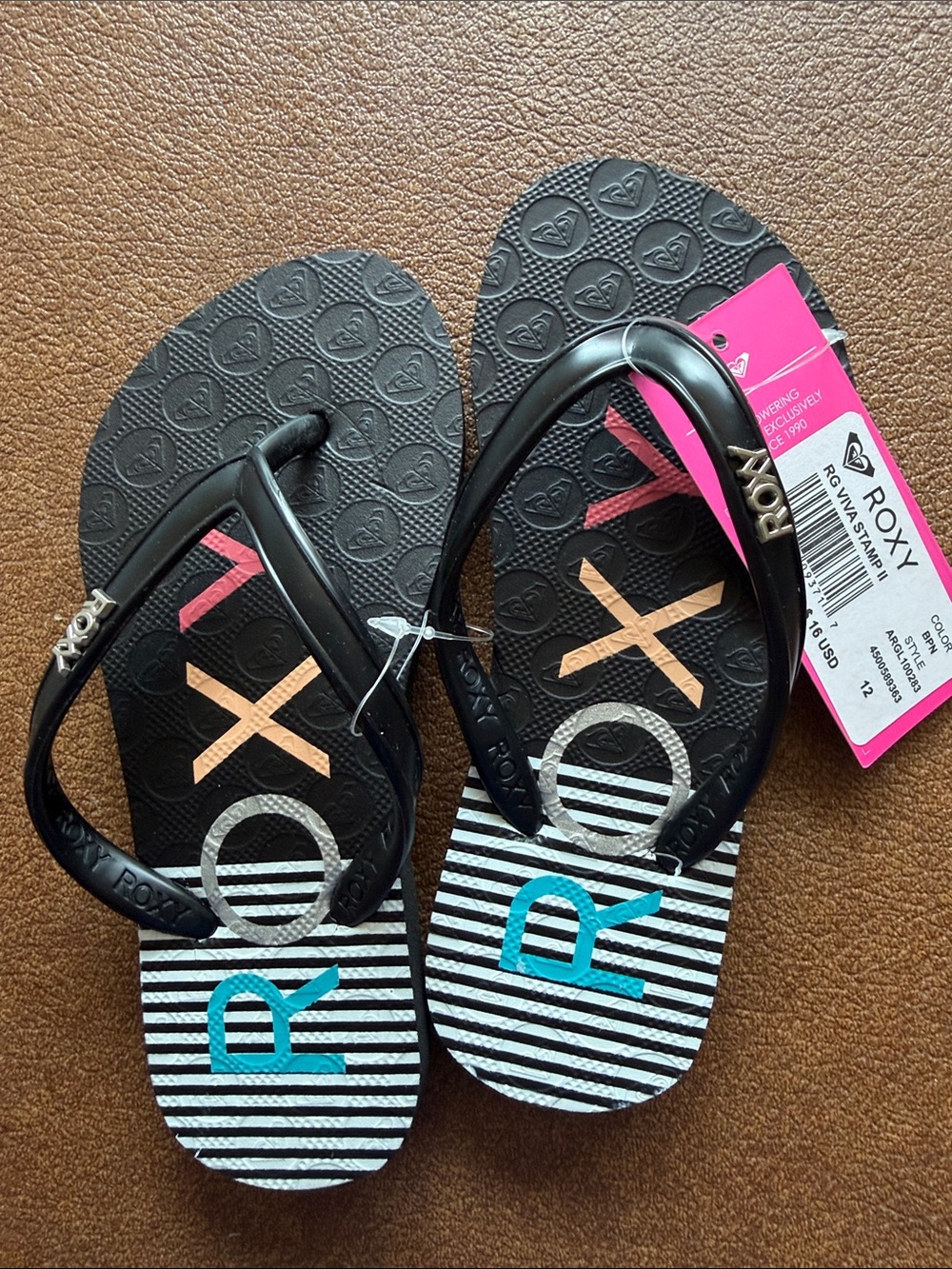 Roxy Kids Black Flip Flops with Multicolor Logo